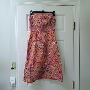 J Crew Orange Pink Paisley Strapless Dress Sz 2